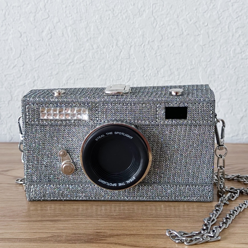 Metallic Silver Camera Crossbody Bag